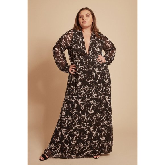 NWT LEITH Black Floral Print Long Sleeve Maxi Formal Dress Size US 1X - Picture 1 of 8